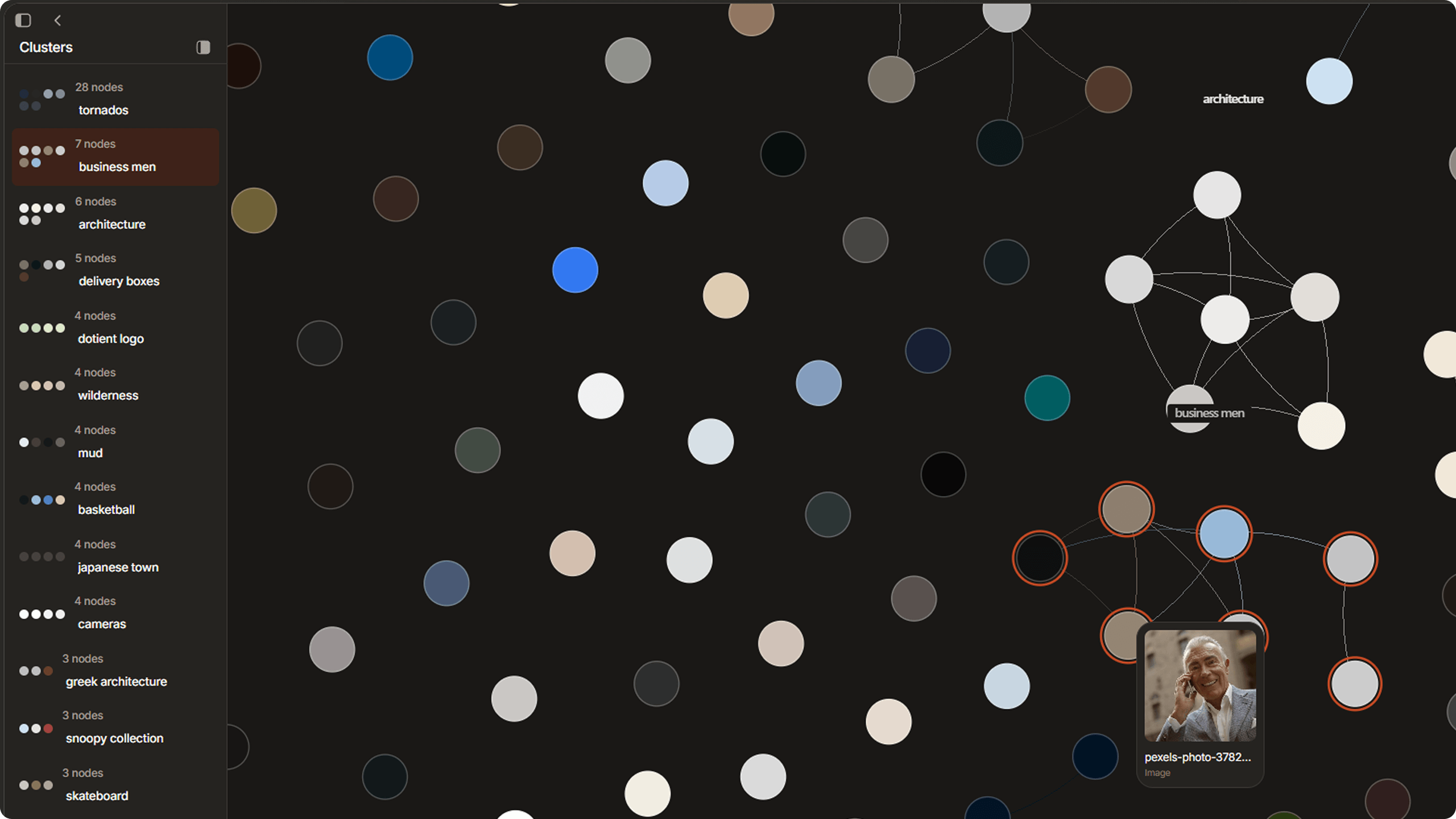 Graph view with cluster sidebar and highlighted cluster nodes