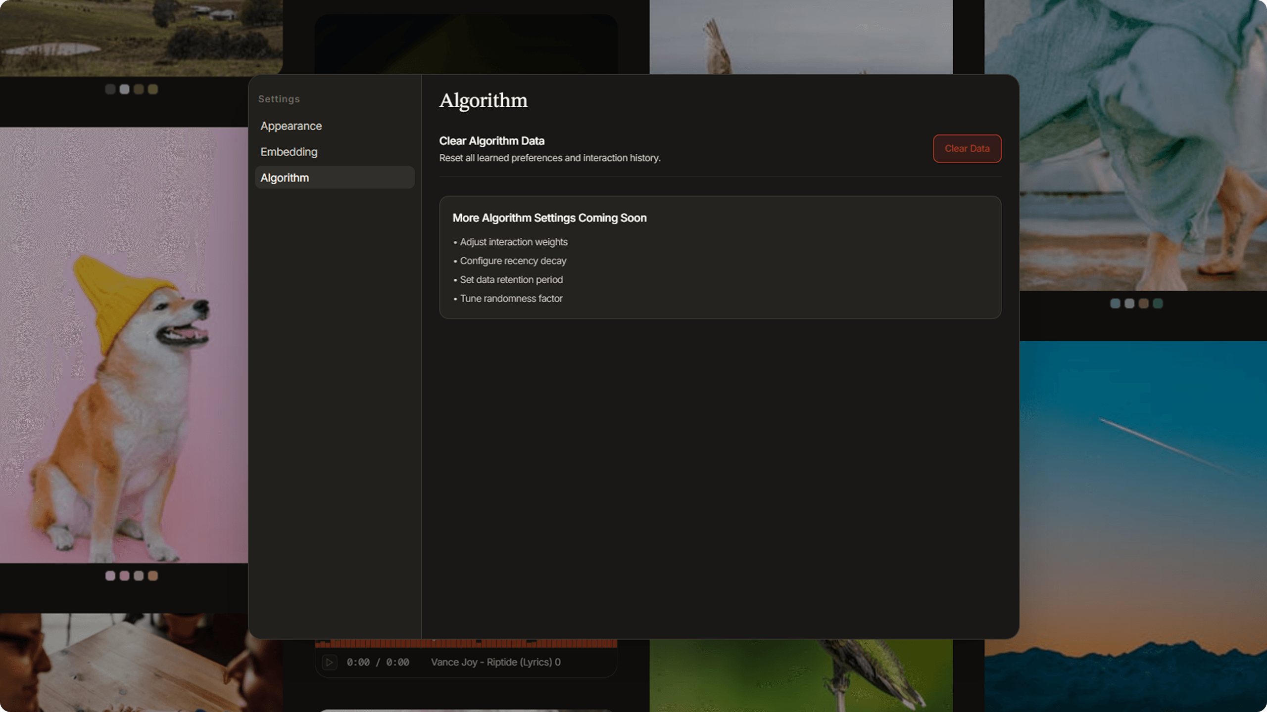 Algorithm tab in settings showing hubness mode selector and sliders