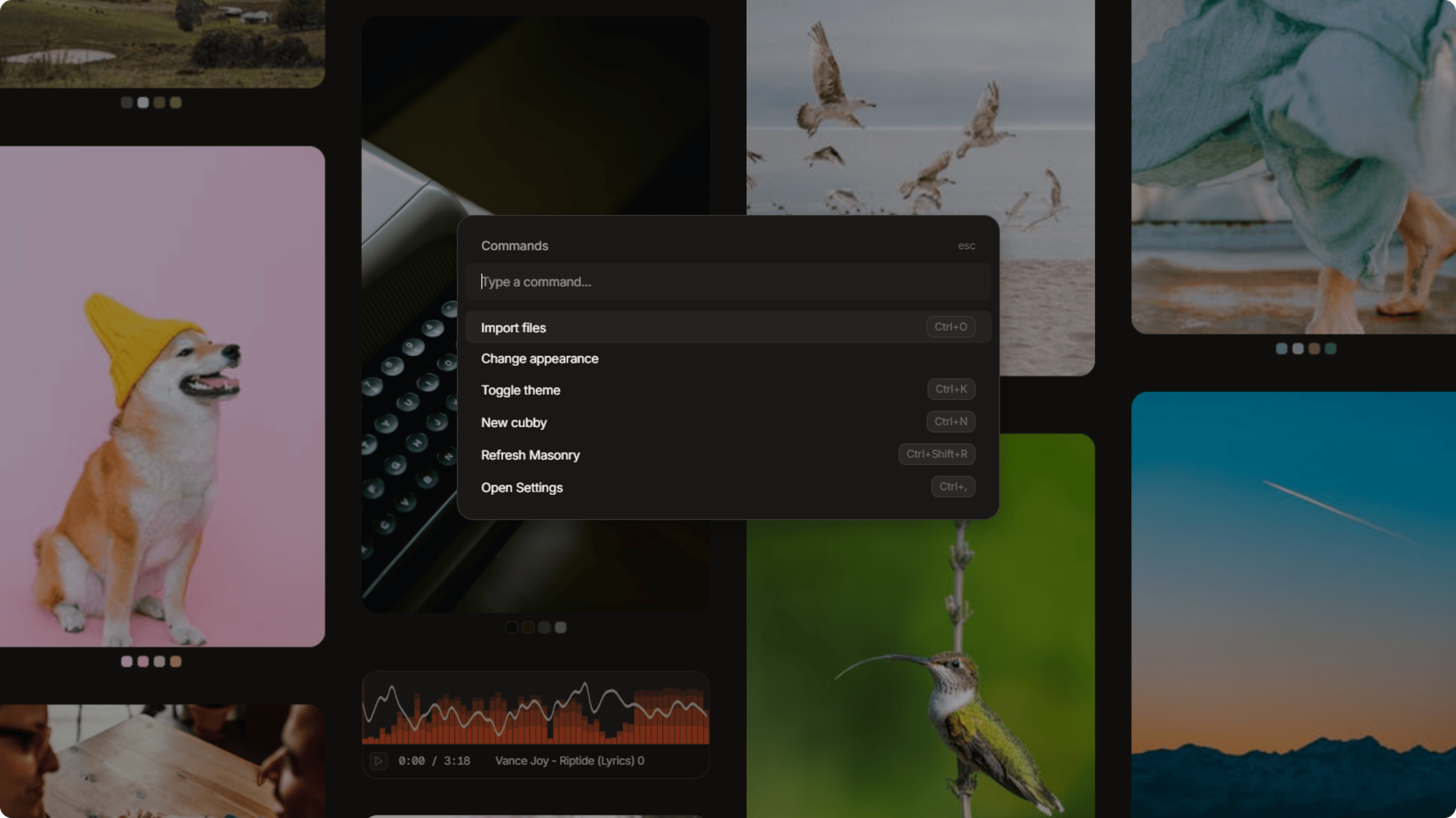 Command menu open showing available commands with search filter at top