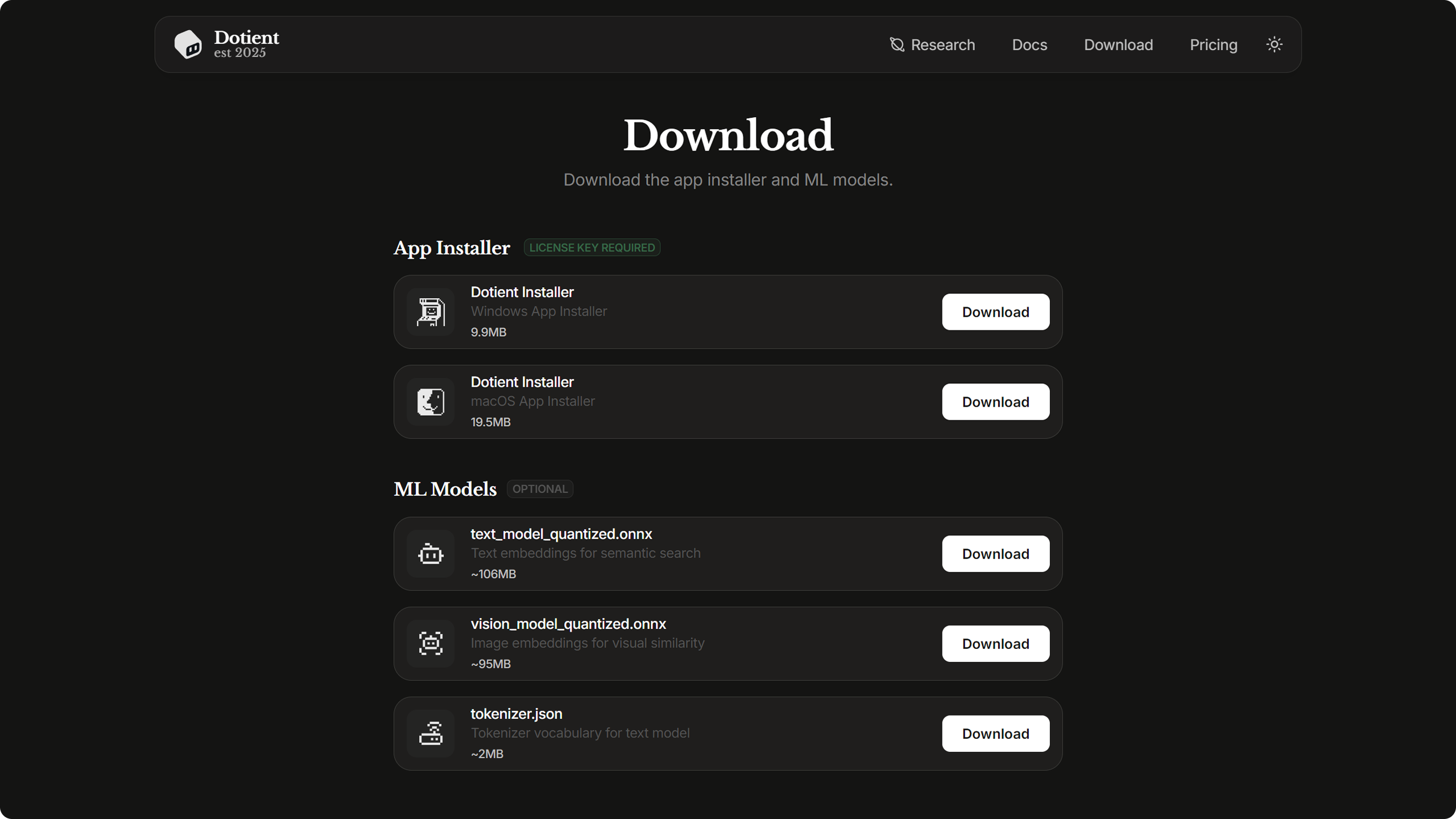 Dotient download page with platform-specific installer buttons