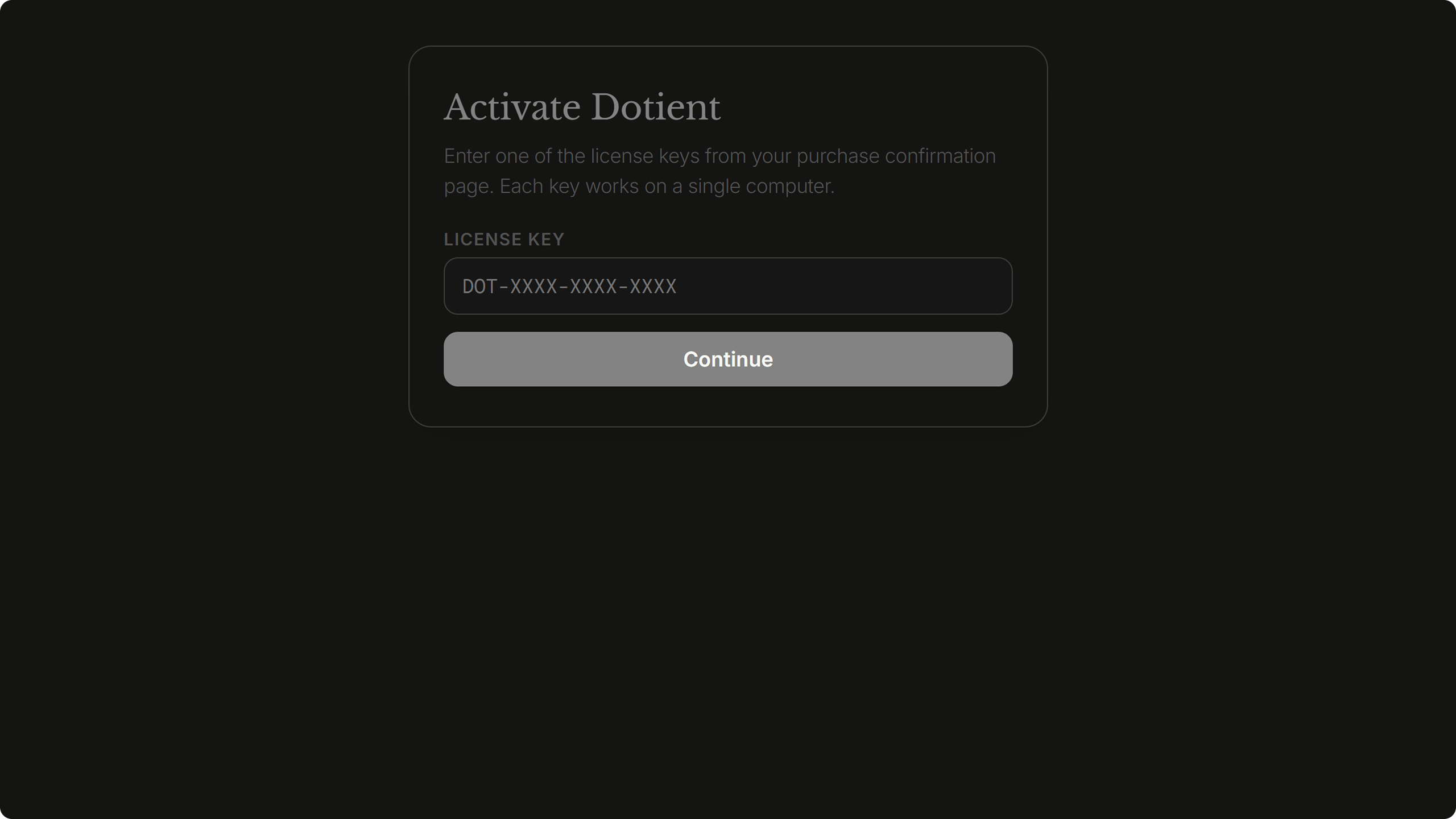 Dotient activation screen with license key input field and activate button