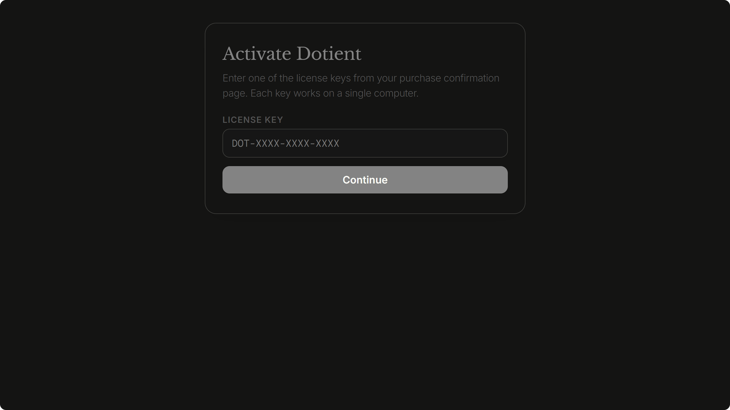 Dotient activation screen with license key input field and activate button