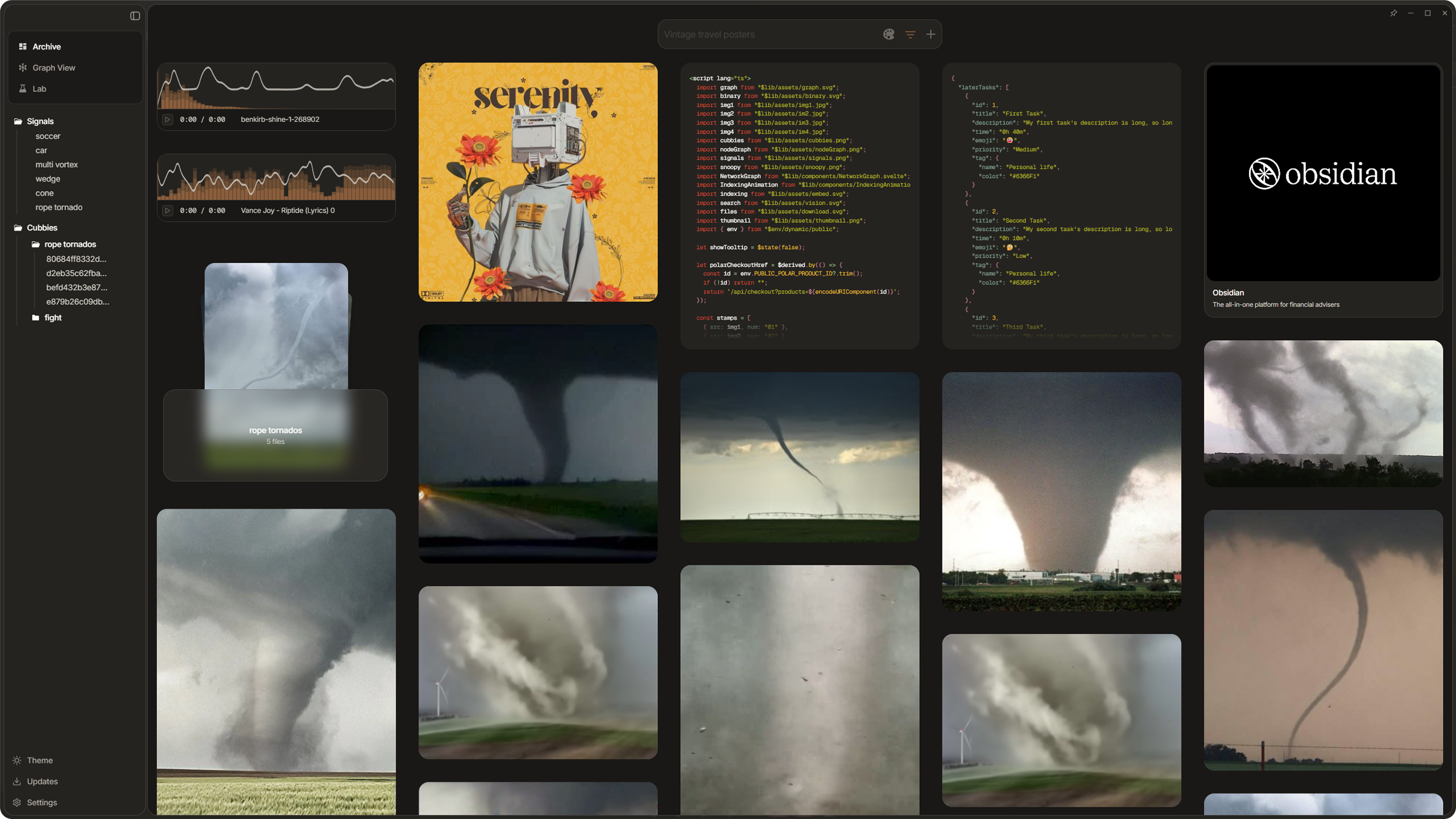 Dotient full window with sidebar navigation and gallery grid showing mixed file types
