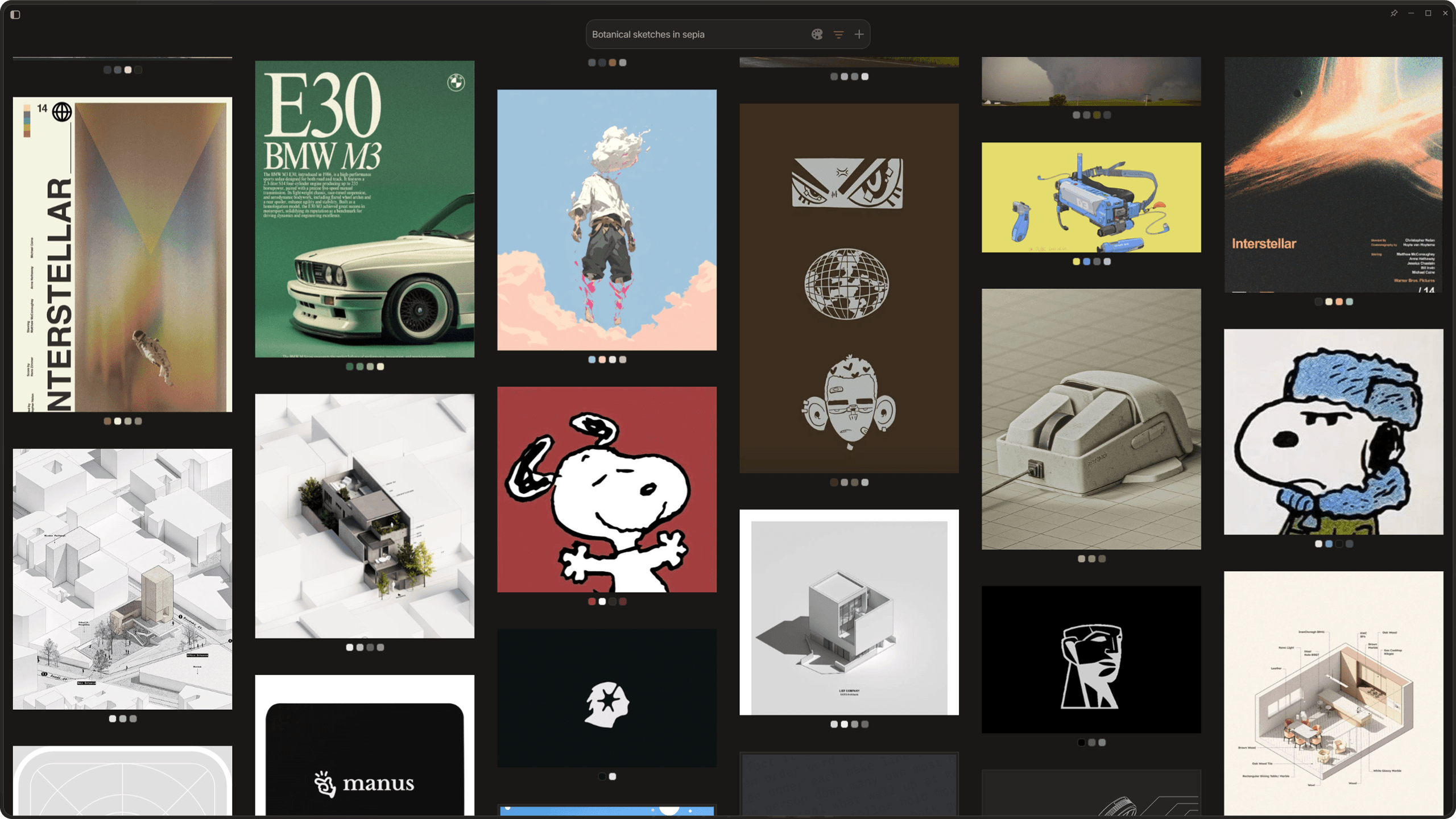Gallery grid showing images at different aspect ratios, an audio card with waveform, and text file preview