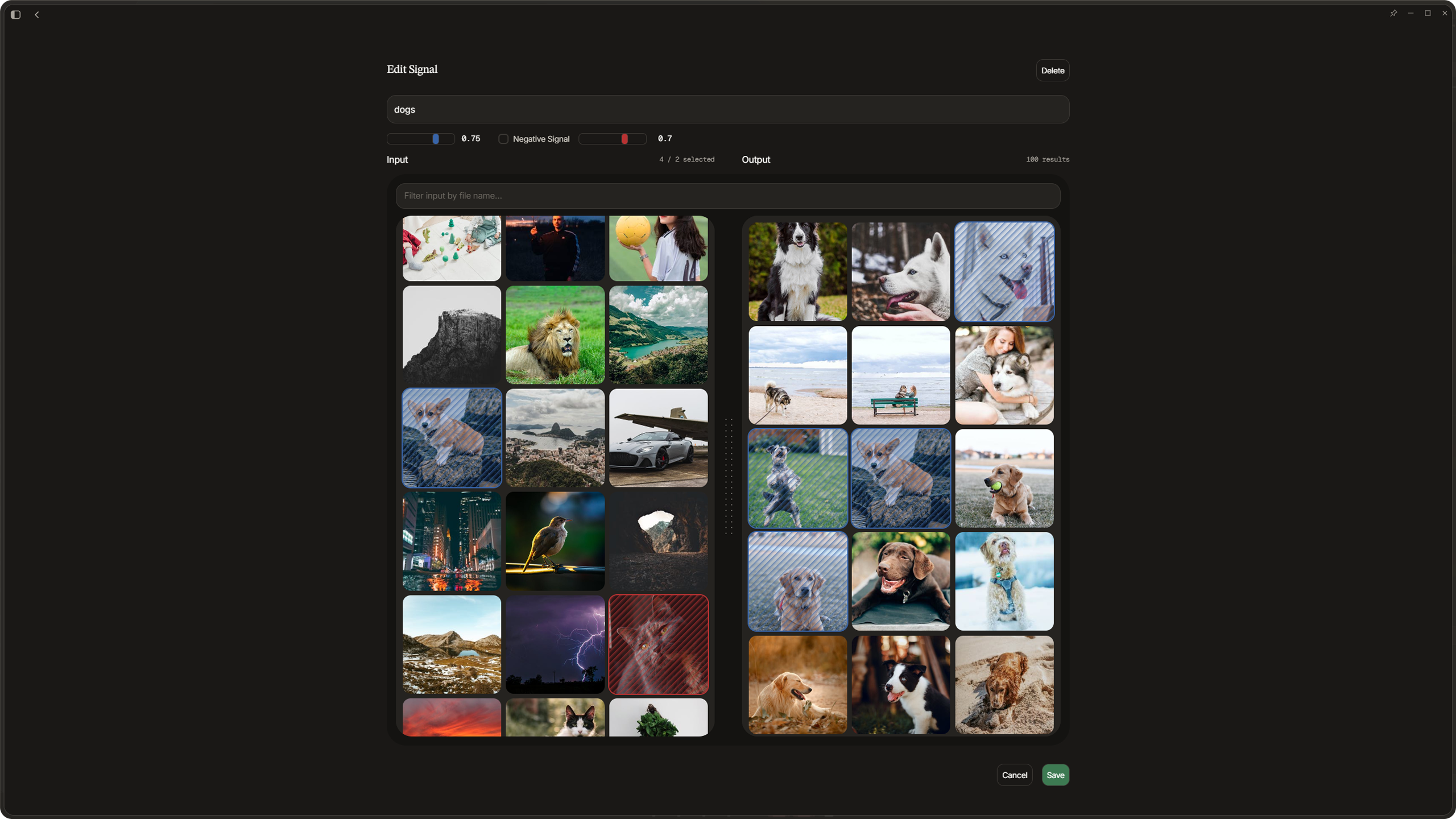 Signals Lab showing signal creation with positive examples selected and output preview visible